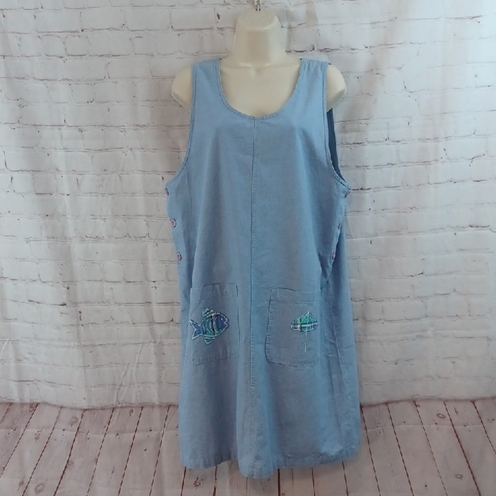 bjs light blue cotton beach shift dress fish umbrella pockets nautical l - Picture 3 of 14